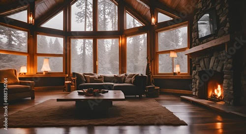 living room with fireplace, cozy cabin in the woods with beautiful window rain