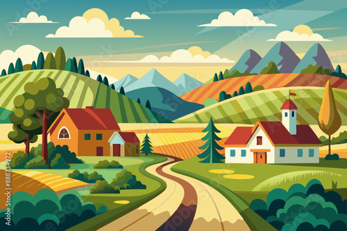 Stunning Summer Countryside Art: Idyllic Rural Landscape Illustrations & Scenic Village Backgrounds