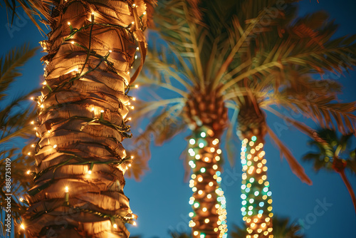 Palm trees decorated with Christmas garland and fairy lights at night photo