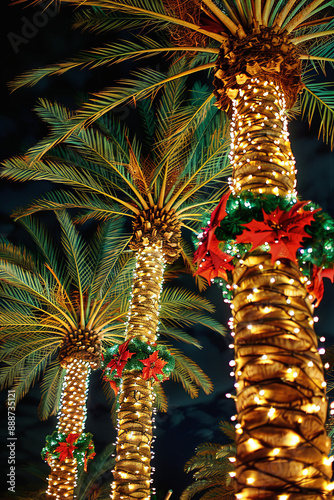 Palm trees decorated with Christmas garland and fairy lights at night photo