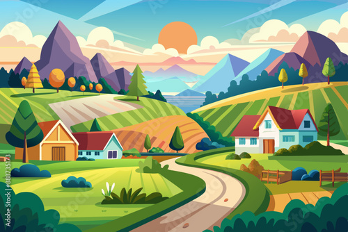 Stunning Summer Countryside Art: Idyllic Rural Landscape Illustrations & Scenic Village Backgrounds