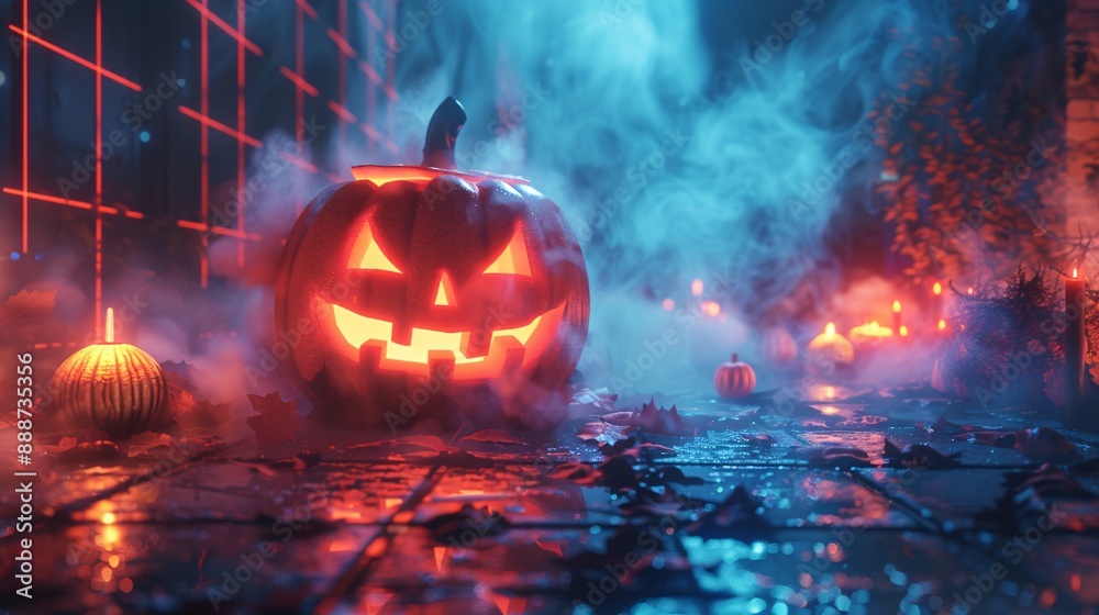 39. Halloween Day: Creative Halloween-themed virtual reality design space, floating assets, neon grid 39. Halloween Day: Creative Halloween-themed virtual reality design space, floating assets, neon grid