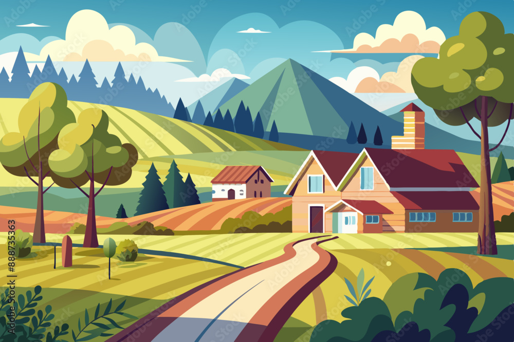 Fototapeta premium Stunning Summer Countryside Art: Idyllic Rural Landscape Illustrations & Scenic Village Backgrounds