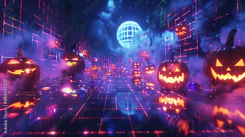 Obraz premium 39. Halloween Day: Creative Halloween-themed virtual reality design space, floating assets, neon grid