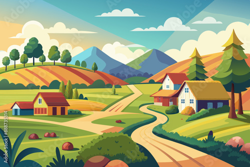 Stunning Summer Countryside Art: Idyllic Rural Landscape Illustrations & Scenic Village Backgrounds