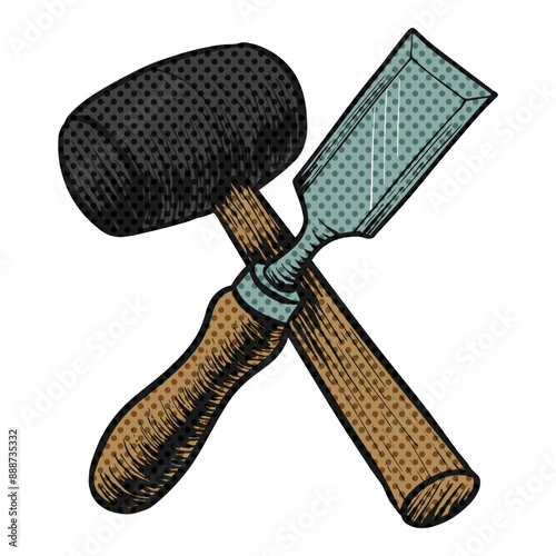 Chisel and mallet icon halftone color vector illustration