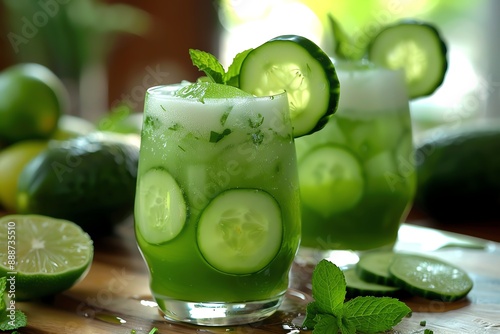 Refreshing cucumber and mint infused water in a glass.