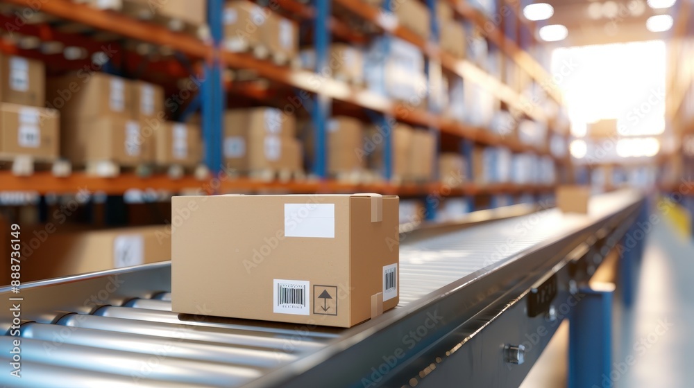 Cardboard boxes on a conveyor belt in a modern warehouse. Logistics, shipping, and inventory management in a distribution center.