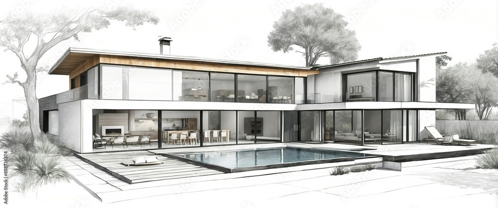Modern luxury home with sleek architectural design, featuring an expansive pool and glass facade, perfect for upscale real estate or vacation settings Modern luxury home with sleek architectural design, featuring an expansive pool and glass facade, perfect for upscale real estate or vacation settings
