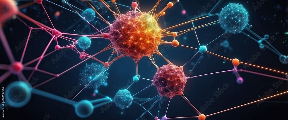 3D illustration of colorful viruses and bacteria interconnected in a vibrant network, symbolizing microbiology, healthcare, and infectious disease studies 3D illustration of colorful viruses and bacteria interconnected in a vibrant network, symbolizing microbiology, healthcare, and infectious disease studies
