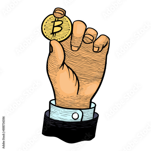 Hand holding bitcoin coin. Hand drawn vector illustration.