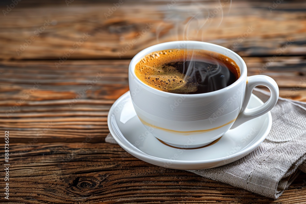 A steaming cup of coffee on a rustic wooden table. A steaming cup of coffee on a rustic wooden table.