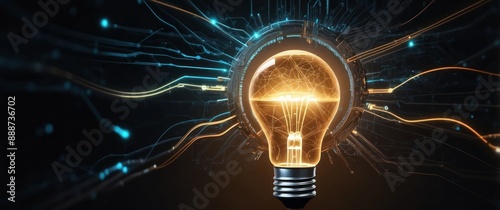 A glowing lightbulb surrounded by circuits symbolizing innovation, technology, and bright ideas, suitable for tech, creativity, and inspiration concepts photo