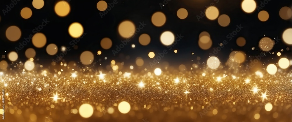 Glittering golden bokeh lights with a sparkling particles backdrop, perfect for festive celebrations, elegant events, and holiday decorations Glittering golden bokeh lights with a sparkling particles backdrop, perfect for festive celebrations, elegant events, and holiday decorations