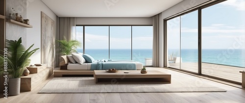 A serene bedroom with large windows showcasing a stunning ocean view  The minimalist design features airy spaces, wooden elements, and natural light, perfect for a coastal getaway © Qbertstudio