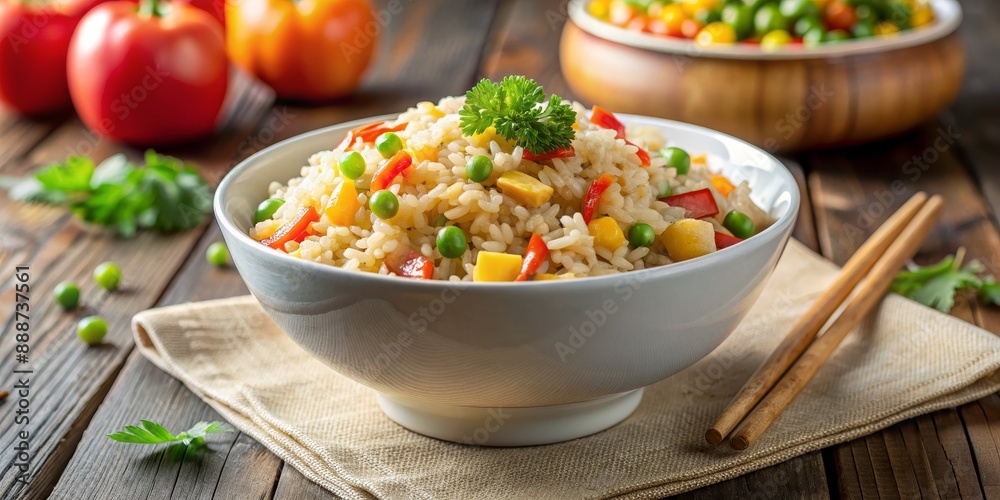 A Bowl of Vegetable Fried Rice with Chopsticks on a Wooden Table, close-up, food photography, rice, vegetables, chopsticks,  fried rice