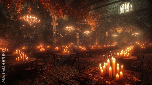 34. Halloween Day: Cursed medieval banquet hall, floating candles, ghostly feast