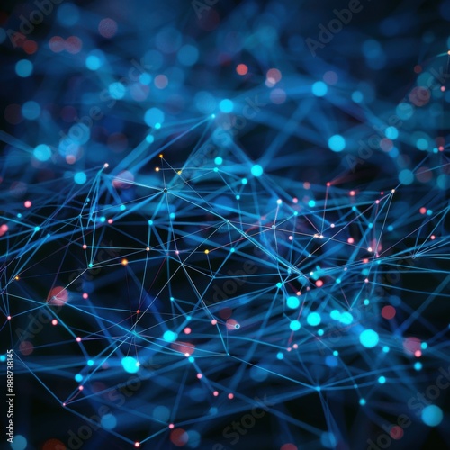 Abstract digital network background featuring interconnected nodes and lines in blue tones, representing communication and technology.