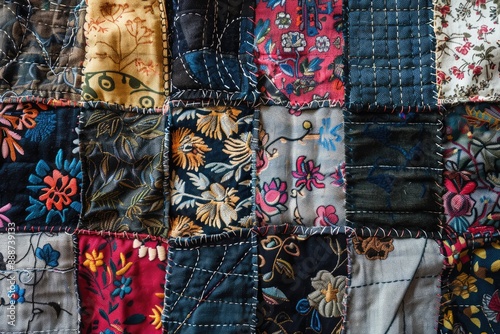 Colorful patchwork of vintage fabric scraps stitched together photo