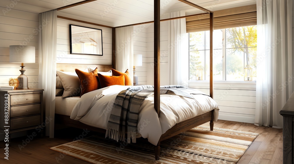 Fototapeta premium Modern bedroom in French country style, featuring a canopy bed, vintage nightstands, and pastel decor, bright and detailed digital art
