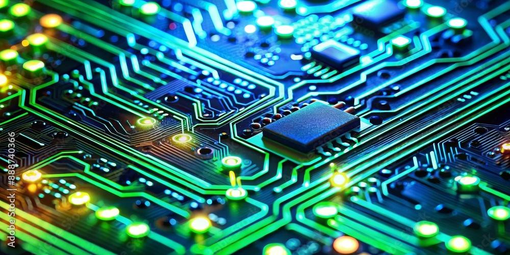 Close-up of a glowing green and blue circuit board with a chip in the center, technology Close-up of a glowing green and blue circuit board with a chip in the center, technology