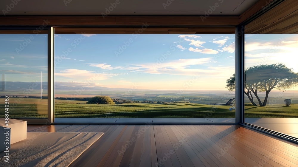 Fototapeta premium Shipping container house with large windows, bright and sunny, eco-friendly living, detailed illustration