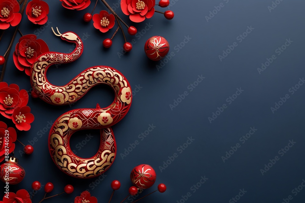 Snake zodiac sign for Chinese New Year 2025, red and gold paper cut ...