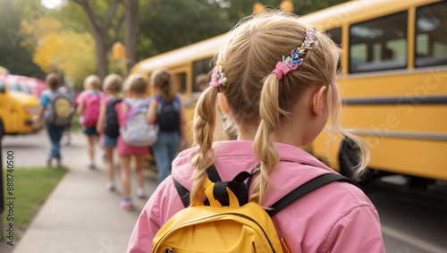 small girl go to shcool. back view.