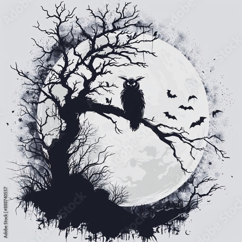 44. Spooky Halloween tree sticker, owl resident, moonlit backdrop photo