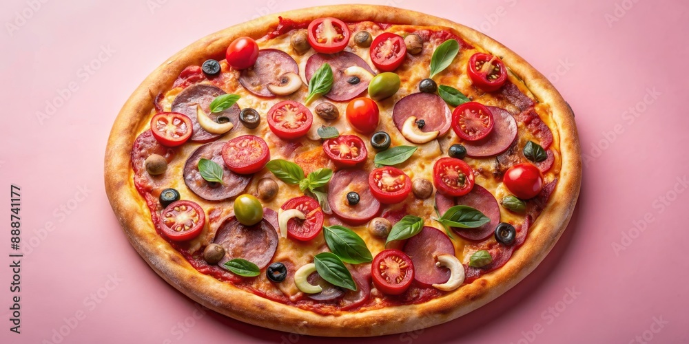 Delicious Pizza with Cherry Tomatoes, Salami, and Basil on a Pink Background, pizza , food , italian , recipe Delicious Pizza with Cherry Tomatoes, Salami, and Basil on a Pink Background, pizza , food , italian , recipe