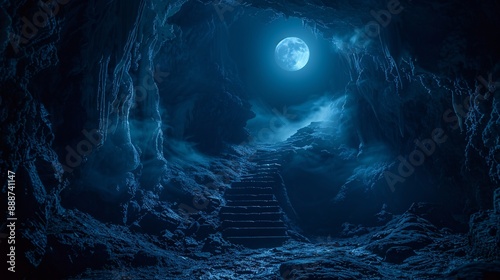 17. Halloween Day: Werewolf's den, moonlit cave, glowing eyes in darkness photo