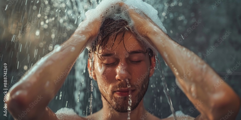 Fototapeta premium Creative Man Washing Hair with Shampoo in Shower, Eyes Closed Under Running Water. Male Hair Care and Grooming Concept, Ideal for Body Wash Commercial Ads or Summer Party Invitations, Men's Charm Care