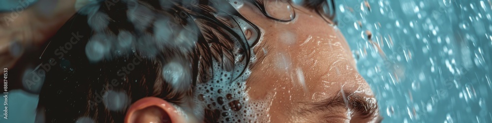 Fototapeta premium Creative Man Washing Hair with Shampoo in Shower, Eyes Closed Under Running Water. Male Hair Care and Grooming Concept, Ideal for Body Wash Commercial Ads or Summer Party Invitations, Men's Charm Care
