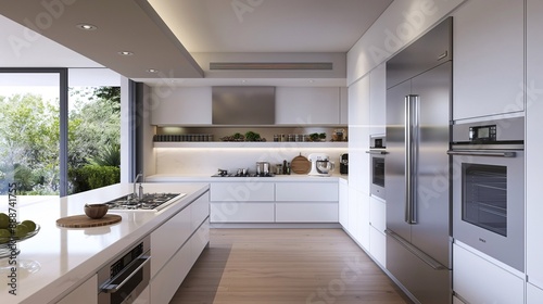 Modern kitchen with white cabinets and stainless steel appliances