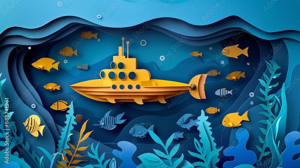 Naklejka premium A submarine exploring the paper cut ocean depths with fish and seaweed on a deep blue background an underwater adventure