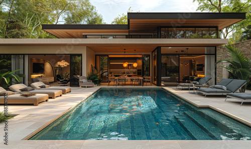 Wallpaper Mural Modern Luxury House with Sunbeds and Dining Area by Pool in Serene Backyard Evening Setting Torontodigital.ca