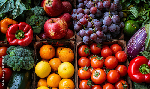 Fresh Organic Fruits and Vegetables Display at Farmer's Market - Apples, Grapes, Tomatoes, Peppers, Broccoli and More - Vibrant Colorful Produce for Healthy Eating and Nutrition Concepts © Bartek