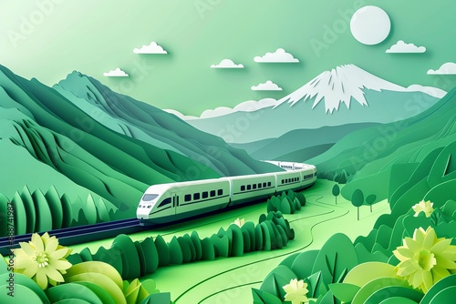 A train speeding through a paper cut countryside with mountains and clouds on a soft green background a scenic journey