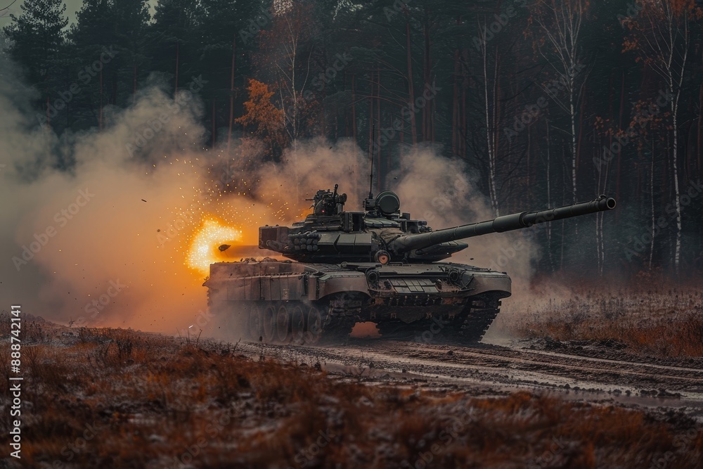 Tank firing with smoke ring in military exercise, modern vehicle shooting target in operation Tank firing with smoke ring in military exercise, modern vehicle shooting target in operation