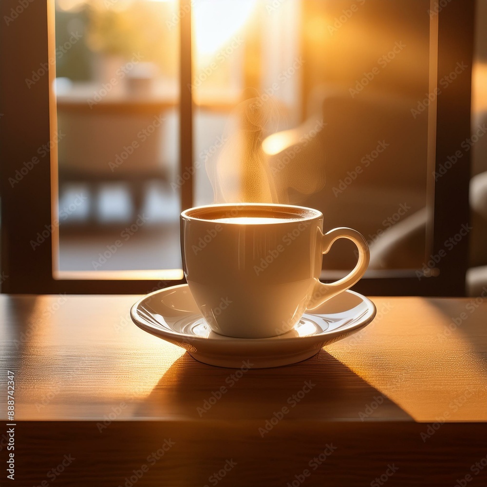 Obraz premium 日の光を眺めながら飲むコーヒー