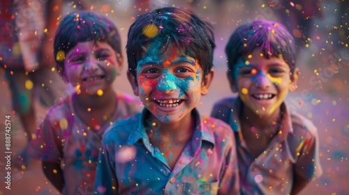 Holi Festivities Begin with Children, Sparkling Eyes Full of Mischief and Colors, Great for Articles on Festivals and Community Engagement © muhriZ