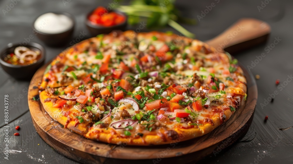 Culinary Fusion Delight: Gourmet Pizza with Unique Toppings in Flawless Studio Lighting, Generative Ai Culinary Fusion Delight: Gourmet Pizza with Unique Toppings in Flawless Studio Lighting, Generative Ai