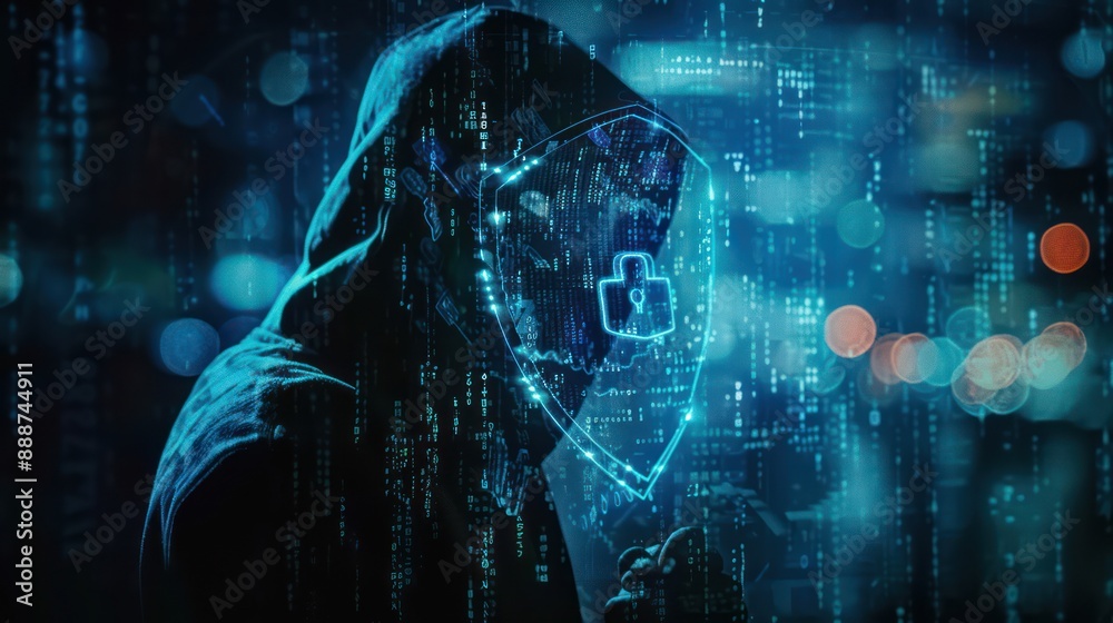 Obraz premium Digital Guardian - Double Exposure of Hooded Hacker with Cyber Shield and Padlock for Firewall Data Protection in 32K Resolution, Generative Ai