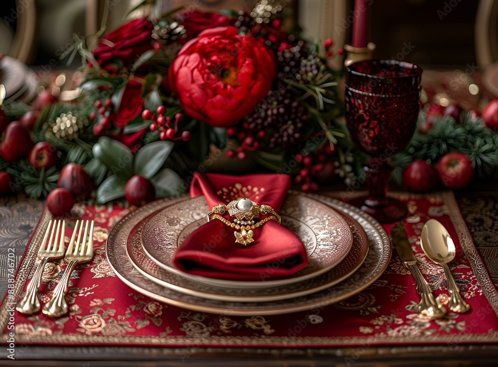 a table set with a red and gold place setting. a table set with a red and gold place setting.