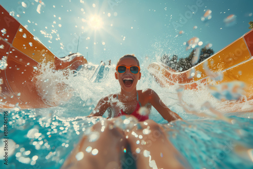 Happy laughing young woman in sunglasses sliding down on a water slide in a water park with a splashes of water