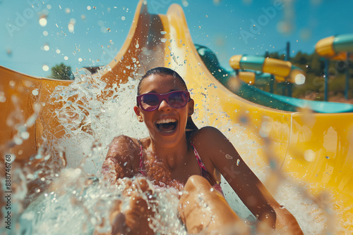 Happy laughing young woman in sunglasses sliding down on a water slide in a water park with a splashes of water