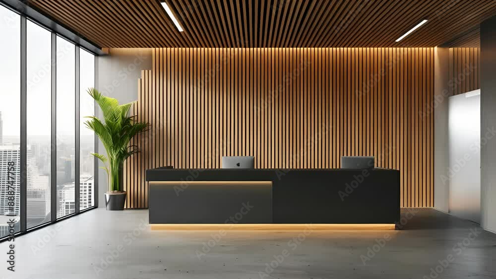 A modern office reception area with a sleek black desk and a wall of wooden slats.