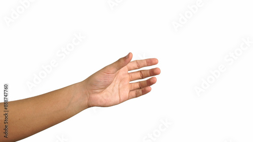 Close up male hand holding something like a bottle or can isolated on white background with clipping path.