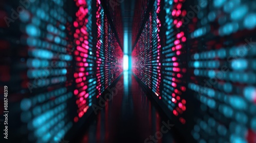 Abstract digital tunnel with glowing binary code. Futuristic concept of data flow and technology. Poster art, website, and media decor. Commercial use, 300 dpi