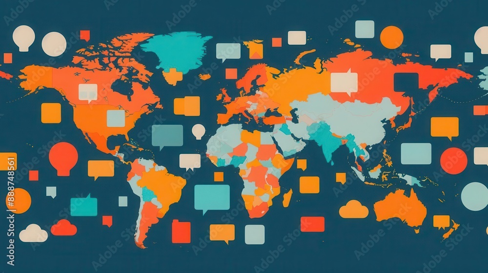 Colorful world map with speech bubbles and other icons representing ...